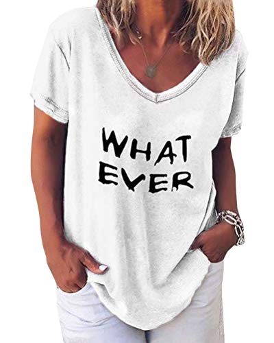 Minetom Damen Sommer Kurzarm Blusen T-Shirt V-Ausschnitte Loose Oversize Shirt Einfarbig Casual Brief Bedruckt Asymmetrisch Oberteile Top C Weiß DE 46 von Minetom