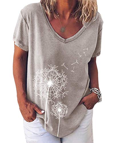 Minetom Damen Sommer Kurzarm Blusen T-Shirt V-Ausschnitte Loose Oversize Shirt Einfarbig Casual Brief Bedruckt Asymmetrisch Oberteile Top E Grau 50 von Minetom