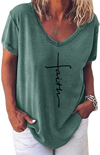 Minetom Damen Sommer Kurzarm Blusen T-Shirt V-Ausschnitte Loose Oversize Shirt Einfarbig Casual Brief Bedruckt Asymmetrisch Oberteile Top F Grün 42 von Minetom