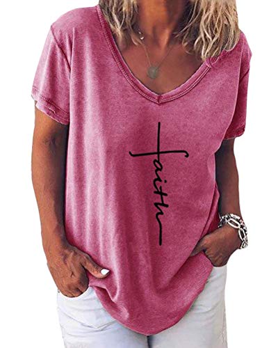Minetom Damen Sommer Kurzarm Blusen T-Shirt V-Ausschnitte Loose Oversize Shirt Einfarbig Casual Brief Bedruckt Asymmetrisch Oberteile Top F Rosa 48 von Minetom