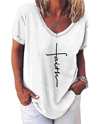 Minetom Damen Sommer Kurzarm Blusen T-Shirt V-Ausschnitte Loose Oversize Shirt Einfarbig Casual Brief Bedruckt Asymmetrisch Oberteile Top F Weiß 48 von Minetom