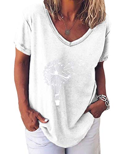 Minetom Damen Sommer Kurzarm Blusen T-Shirt V-Ausschnitte Loose Oversize Shirt Einfarbig Casual Brief Bedruckt Asymmetrisch Oberteile Top G Weiß 44 von Minetom