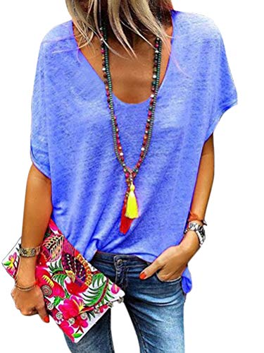 Minetom Damen Sommer Kurzarm Blusen T-Shirt V-Ausschnitte Loose Oversize Shirt Oberteile Chic Top Blau DE 50 von Minetom