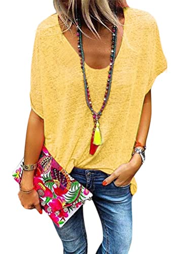 Minetom Damen Sommer Kurzarm Blusen T-Shirt V-Ausschnitte Loose Oversize Shirt Oberteile Gelb DE 50 von Minetom