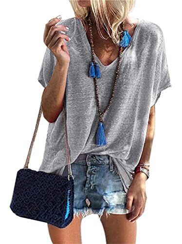 Minetom Damen Sommer Kurzarm Blusen T-Shirt V-Ausschnitte Loose Oversize Shirt Oberteile Grau S von Minetom