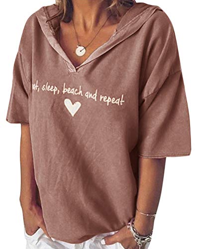 Minetom Damen Sommer Kurzarm Blusen T-Shirt V-Ausschnitte Oversize Shirt Einfarbig Casual Brief Bedruckt Asymmetrisch Oberteile Top B Braun DE 44 von Minetom