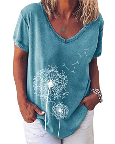 Minetom Damen Sommer Kurzarm Blusen T-Shirt V-Ausschnitte Oversize Shirt Einfarbig Casual Brief Bedruckt Asymmetrisch Oberteile Top E Blau 50 von Minetom