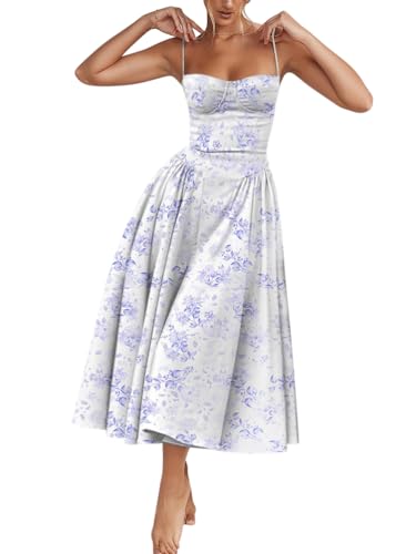 Minetom Damen Sommer Langes Ärmellose Boot Hals Korsett Bustier Midi Kleid für Hochzeit Cocktail Braut Spaghetti Prinzessin Brautjungfer A2 Blau S von Minetom