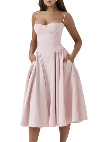 Minetom Damen Sommer Langes Kleid Ärmellose Boot Hals Korsett Bustier Hochzeit Cocktail Brautkleid Spaghetti Midi Kleider Prinzessin Brautjungfer Dress A1 Rosa M von Minetom