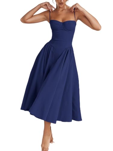 Minetom Damen Sommer Langes Kleid Ärmellose Boot Hals Korsett Bustier Midi Kleid Hochzeit Cocktail Brautkleid Spaghetti Kleider Prinzessin Brautjungfer Kleid A1 Dunkelblau L von Minetom