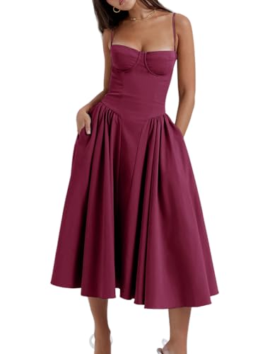 Minetom Damen Sommer Langes Kleid Ärmellose Boot Hals Korsett Bustier Midi Kleid Hochzeit Cocktail Brautkleid Spaghetti Kleider Prinzessin Brautjungfer Kleid A1 Dunkelrot S von Minetom