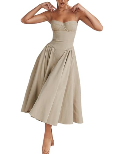 Minetom Damen Sommer Langes Kleid Ärmellose Boot Hals Korsett Bustier Midi Kleid Hochzeit Cocktail Brautkleid Spaghetti Kleider Prinzessin Brautjungfer Kleid A1 Khaki L von Minetom