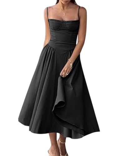 Minetom Damen Sommer Langes Kleid Ärmellose Boot Hals Korsett Bustier Midi Kleid Hochzeit Cocktail Brautkleid Spaghetti Kleider Prinzessin Brautjungfer Kleid A1 Schwarz L von Minetom