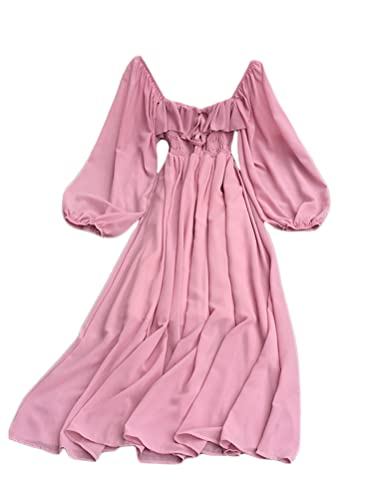 Minetom Damen Sommer Langes Kleid Puffärmel Chiffon Kleid Schnürung Vorne Hochzeit Party Strand Einfarbig Rüsche Freizeitkleid A Rosa Einheitsgröße von Minetom