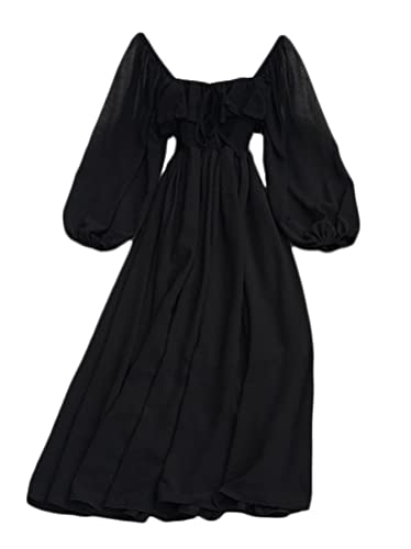 Minetom Damen Sommer Langes Kleid Puffärmel Chiffon Kleid Schnürung Vorne Hochzeit Party Strand Einfarbig Rüsche Freizeitkleid A Schwarz Einheitsgröße von Minetom
