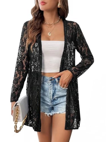 Minetom Damen Sommer Leichte Strickjacke Elegante Langarm Cardigan Spitze Vorne Offen Sommerjacke Casual Einfarbig Jacke A Schwarz XXL von Minetom