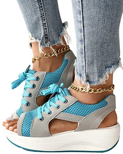 Minetom Damen Sommer Muffin Sandalen Slingback Peep Toe Slide Sport Sandalen Mesh Weiche Sohle Casual Plateau Damenschuhe A Blau 39 EU von Minetom