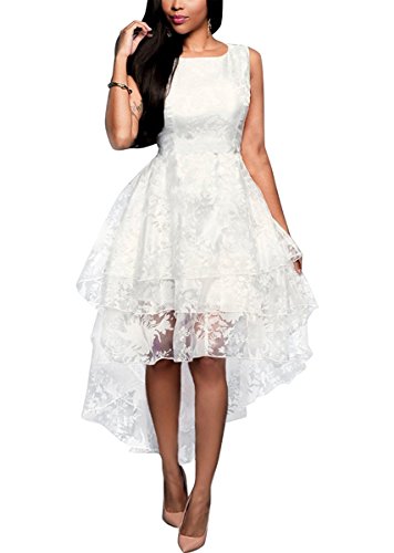 Minetom Damen Sommer Organza Rundhals Ärmelloses Ballkleid Asymmetrische Mit Schnürung Hoch Niedrig Festkleid Partykleid Festlich Hochzeitskleid Weiß DE 34 von Minetom