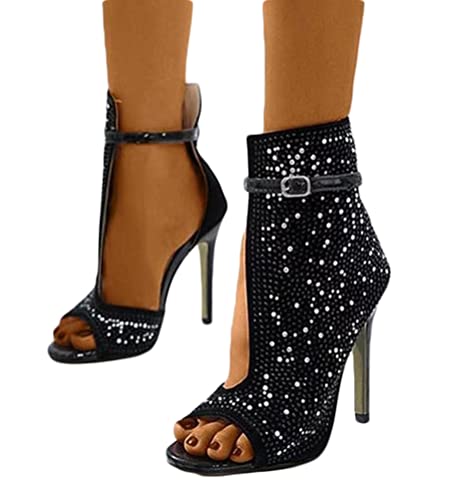 Minetom Damen Sommer Peep Toe Offene Sandaletten Stiefel High Heels Strass Stiletto Sandalen Plateau Schuhe B Schwarz 42 EU von Minetom