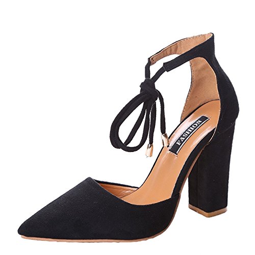 Minetom Damen Sommer Pumps Stiletto Klub Modisch Hohen Absatz Fesselriemen Sandalen Knöchelriemchen Schnürhalb Schuhe Schwarz EU 34 von Minetom