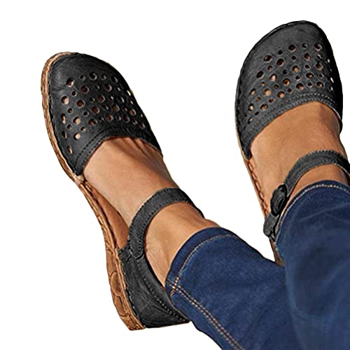 Minetom Damen Sommer Sandalen Flach Halbschuhe Vintage Hohl Runde Zehe Schuhe Mary Jane Halbschuh Strandsandalen A Schwarz 43 EU von Minetom