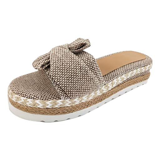 Minetom Damen Sommer Sandalen Lässige Flache Schuhe Plateau Flat Heel Elegant Espadrilles Römersandalen Pantoletten Peep Toe Flip Flop Schuhe Strandsandalen Khaki 35 EU von Minetom