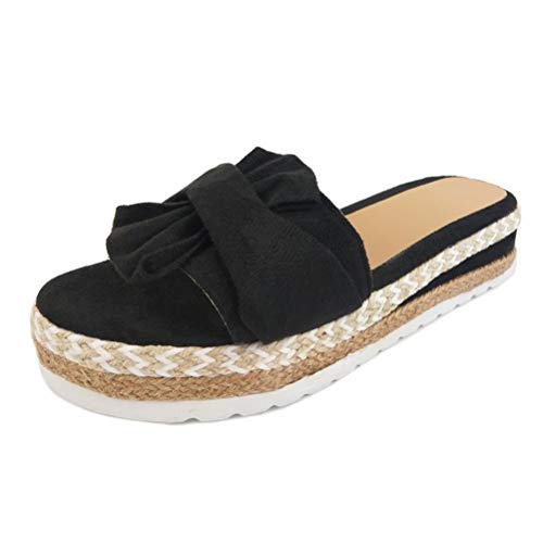 Minetom Damen Sommer Sandalen Lässige Flache Schuhe Plateau Flat Heel Elegant Espadrilles Römersandalen Pantoletten Peep Toe Flip Flop Schuhe Strandsandalen Schwarz 35 EU von Minetom