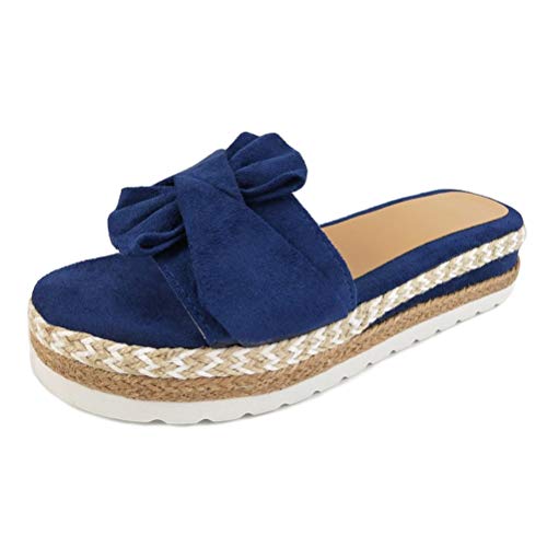 Minetom Damen Sommer Sandalen Lässige Flache Schuhe Plateau Flat Heel Elegant Römersandalen Pantoletten Peep Toe Flip Flop Schuhe Strandsandalen Blau 40 EU von Minetom