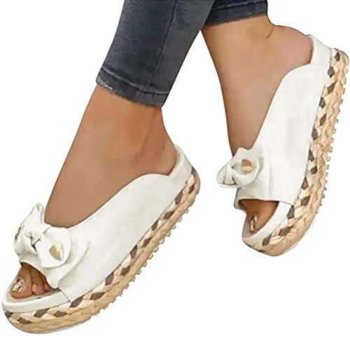 Minetom Damen Sommer Sandalen Lässige Flache Schuhe Plateau Flat Heel Espadrilles Römersandalen Pantoletten Peep Toe Flip Flop Schuhe Strandsandalen A Weiß 39 EU von Minetom