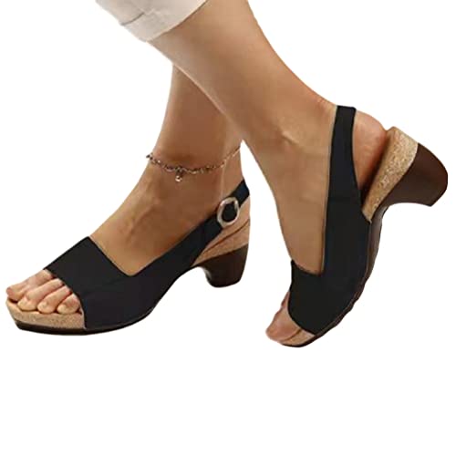 Minetom Damen Sommer Sandalen Mit Absatz Retro Sandaletten Plateau Schnalle Sommerschuhe Frauen Blockabsatz Slingback Open Toe High Heel A Schwarz 43 EU von Minetom