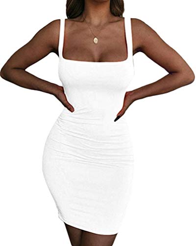 Minetom Damen Sommer Slim Kleid Neckholder Bodycon Partykleid Sommerkleid Cocktail Minikleid Freizeitkleid Spaghetti Strap Stretchy Kleider Weiß XL von Minetom