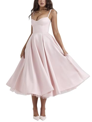 Minetom Damen Sommer Spaghettiträger Boho Blumen Lang Kleid Ärmellose Korsett Bustier Midi Cocktailkleid Prinzessin Brautjungfer Kleid A Rosa S von Minetom