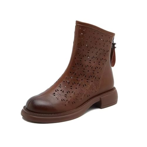 Minetom Damen Sommer Stiefel Elegante Hohl Stiefeletten Bequem Atmungsaktiv Sommerstiefel Kurze Boots mit Reißverschluss A Braun 38 EU von Minetom