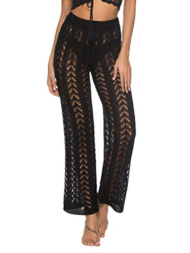 Minetom Damen Sommer Swimwear Bikini Cover Up Hose Lang Push Up Badeanzüge Hosen Aushöhlen Häkeln Stricken Hohe Taille Yoga Strandhose A Schwarz L von Minetom