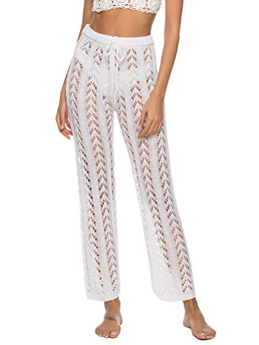 Minetom Damen Sommer Swimwear Bikini Cover Up Hose Lang Push Up Badeanzüge Hosen Aushöhlen Häkeln Stricken Hohe Taille Yoga Strandhose A Weiß M von Minetom