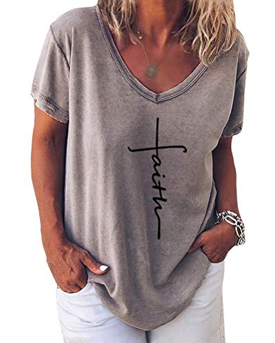 Minetom Damen Sommer T-Shirt V-Ausschnitte Kurzarm Blusen Oversize Shirt Oberteile F Grau 44 von Minetom