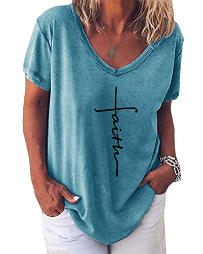 Minetom Damen Sommer T-Shirt V-Ausschnitte Loose Kurzarm Blusen Oversize Shirt Oberteile F Blau 46 von Minetom