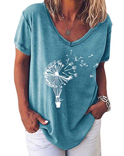 Minetom Damen Sommer T-Shirt V-Ausschnitte Loose Kurzarm Blusen Oversize Shirt Oberteile G Blau 44 von Minetom