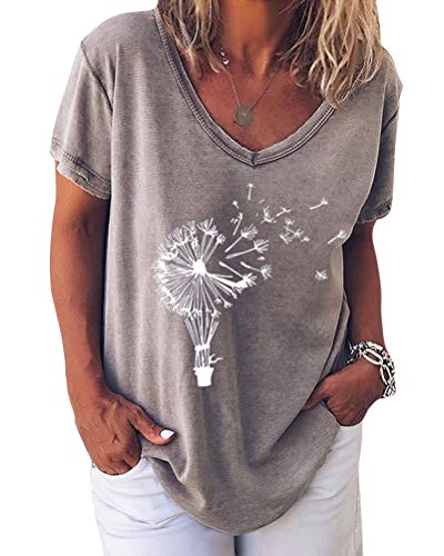 Minetom Damen Sommer T-Shirt V-Ausschnitte Loose Kurzarm Blusen Oversize Shirt Oberteile G Grau 48 von Minetom