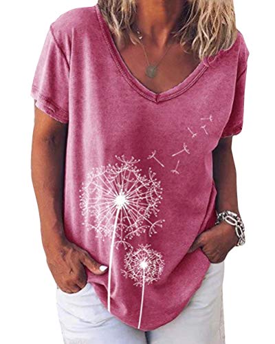 Minetom Damen Sommer T-Shirt V-Ausschnitte Loose Kurzarm Boho Blusen Oversize Shirt Oberteile E Rosa 50 von Minetom