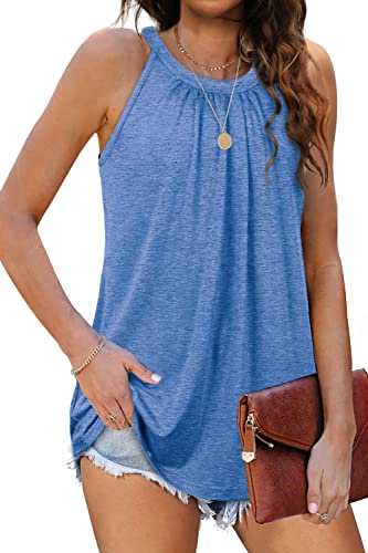 Minetom Damen Sommer Tank Top Sexy Elegant Ärmellose Oberteile Plissierte Blusen mit Neckholder Tops Ohne Ärmel Shirt Lose Lässige Tunika Cami Schlinge Bluse A Blau XL z von Minetom