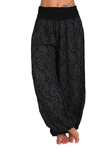 Minetom Damen Sommerhose Haremshose Pumphose Aladinhose Einheitsgröße Mit Blumenmuster Freizeithose Yogahosen A Schwarz L von Minetom