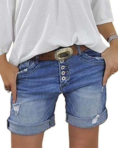 Minetom Damen Sommerhose Lässig Jeans Hose Kurze Denim Hosen Slim Fit Stretch Jeansshorts Shorts Bermuda mit Knopfleiste C Blau X-Large von Minetom