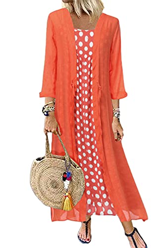 Minetom Damen Sommerkleid Baumwolle Leinen Vintage Ärmellos Blumen Baggy Lose Beiläufige Lang Kleider Maxikleid Plus Size Kurzarm Ethnisch Boho Kleid M Orange 42 von Minetom