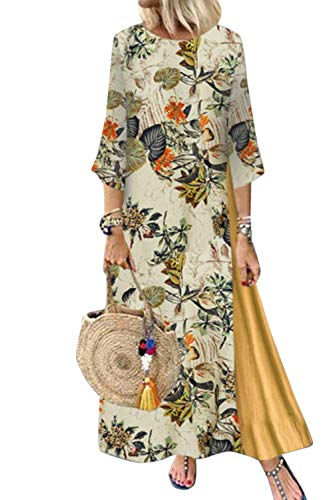 Minetom Damen Sommerkleid Elegant Baumwolle Leinen Vintage Ärmellos Blumen Baggy Lose Beiläufige Lang Kleider Maxikleid Plus Size Kurzarm Ethnisch Boho Kleid (50, E Gelb) von Minetom