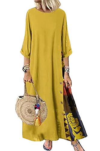 Minetom Damen Sommerkleid Elegant Baumwolle Leinen Vintage Ärmellos Blumen Baggy Lose Beiläufige Lang Kleider Maxikleid Plus Size Kurzarm Ethnisch Boho Kleid B Gelb 38 von Minetom