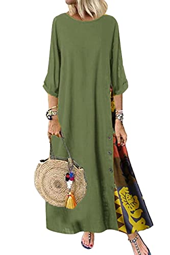 Minetom Damen Sommerkleid Elegant Baumwolle Leinen Vintage Ärmellos Blumen Baggy Lose Beiläufige Lang Kleider Maxikleid Plus Size Kurzarm Ethnisch Boho Kleid B Grün 50 von Minetom