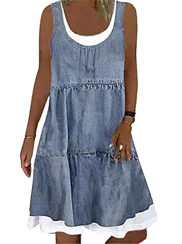 Minetom Damen Sommerkleid Faux Jeans Ärmellos Druck Knielang Boho A-Linie Kleid U-Ausschnitt Imitation Denim Strand Kleider Lose Minikleid Strandkleider D Grau L von Minetom