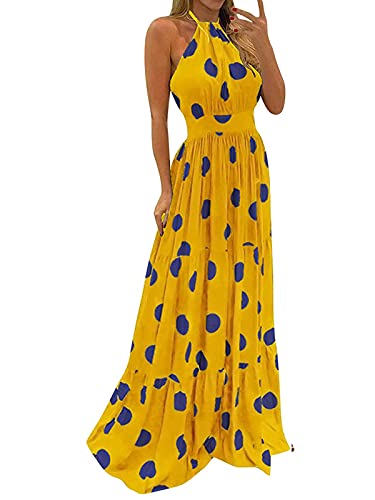 Minetom Damen Sommerkleid Lang Boho Ärmellose Drucken Abendkleider Mode Elegant Maxikleider Lose Kleid Strandkleid H Gelb XS von Minetom