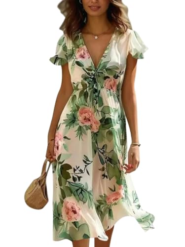 Minetom Damen Sommerkleid Rüschen Kurzarm V-Ausschnitt Kleider Boho Blumenmuster Midikleid Wickelkleid Strandkleid A Grün XL von Minetom